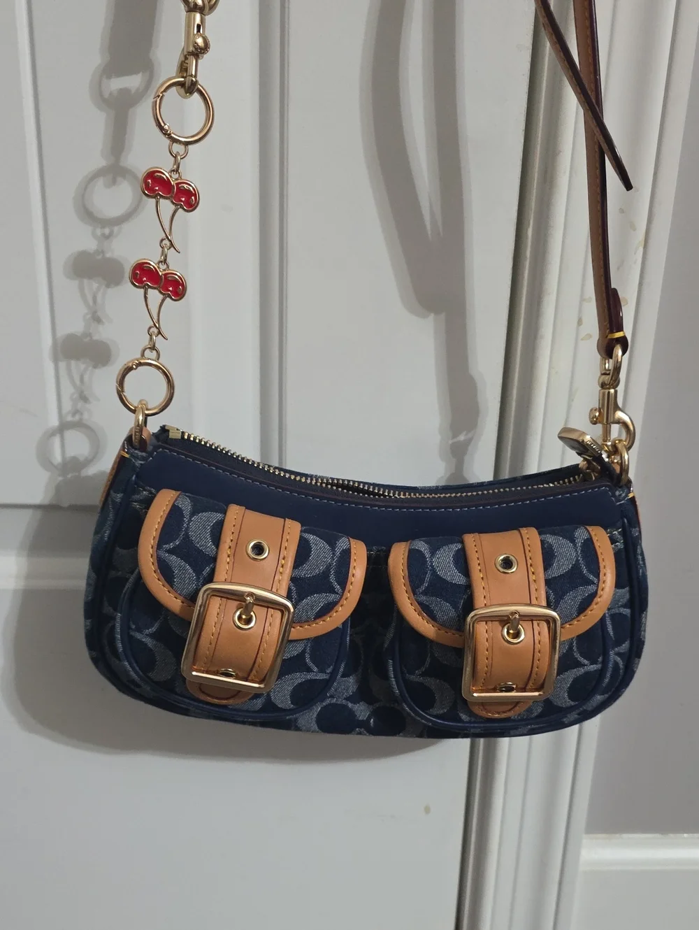 Coach Navy Signature Denim Crossbody with Tan Leather Trim